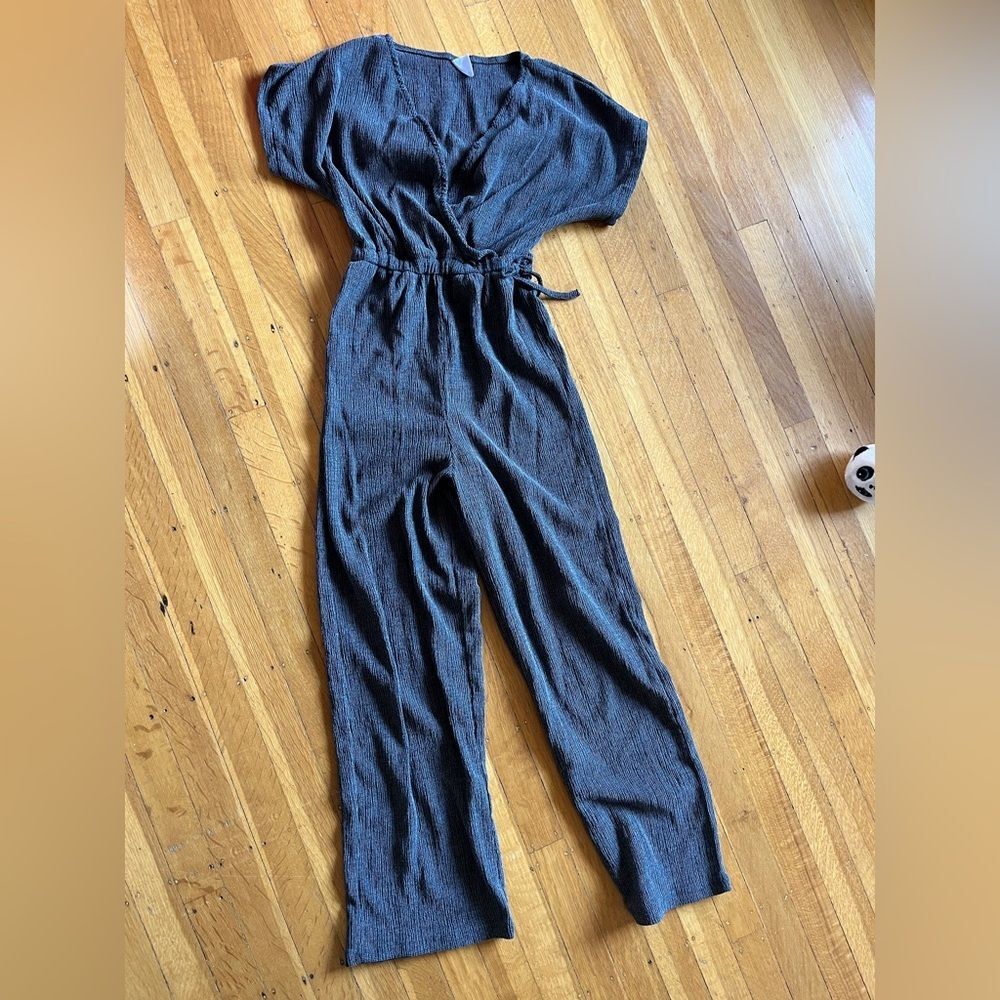Zara girls v-neck grey wide leg straight jumper romper textured jumpsuit 11 12 M